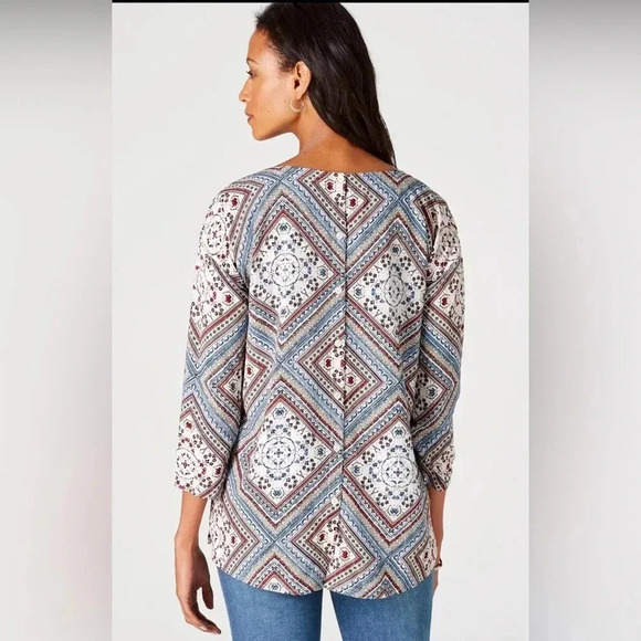 J Jill diamond pattern 3/4 sleeve blouse button back size medium A26 - Picture 4 of 10